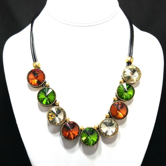Vintage Rivoli Rhinestone Leather Necklace, Large Orange Green Clear Rhinestones - Picture 1 of 10